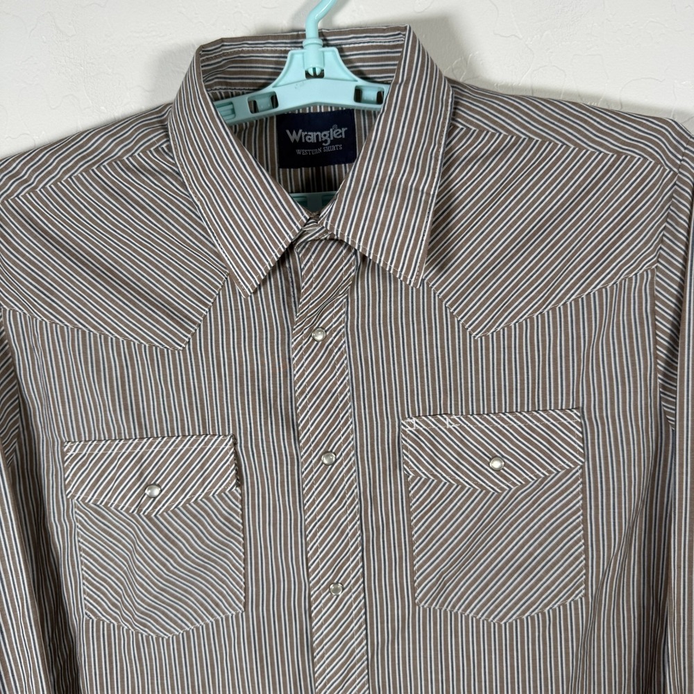 Wrangler Shirt Mens Large Brown Striped Pearl Snap Long Sleeve Western Cowboy